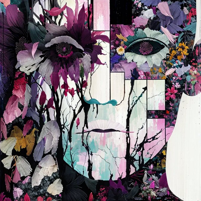 A surreal collage-style artwork featuring a woman's face composed of floral patterns, with prominent purple and pink flowers forming the eyes and lips against a fragmented floral background.
