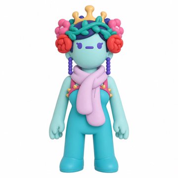 A designer art toy figure with a teal body, pink scarf, and a crown adorned with pink and red roses, shown against a white background.
