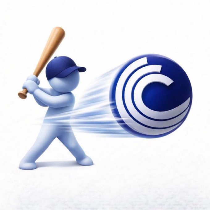 A 3D cartoon figure in a blue cap swings a baseball bat at a large blue and white ball with a 'C' logo, with motion lines indicating the swing.