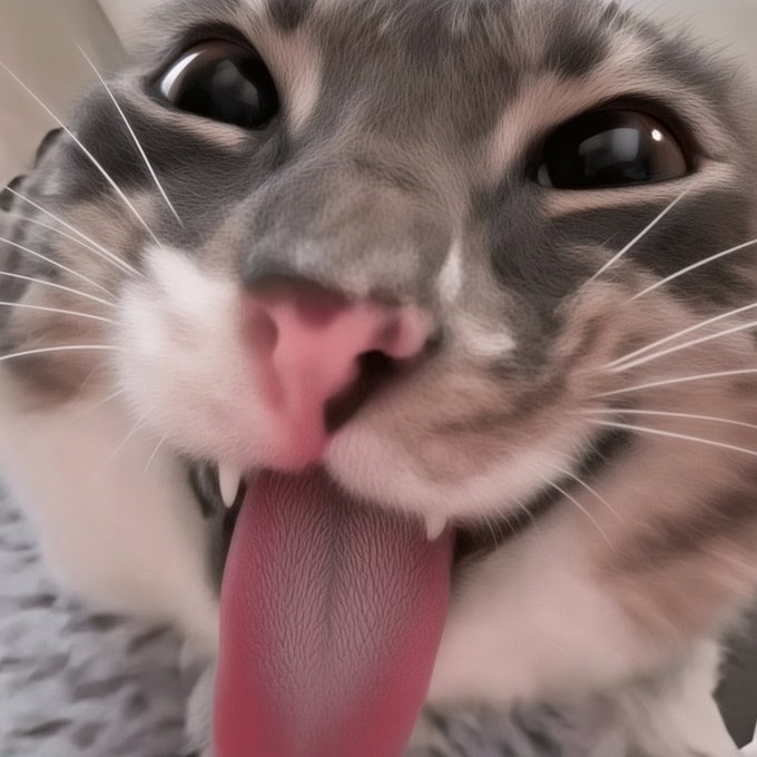 An extreme close-up of a gray tabby cat with big, glossy eyes and an oversized pink tongue lolling out of her mouth, perfectly capturing the iconic "blep" referenced in the post. The image serves as Mimi's official meme portrait, visually delivering on the joke about her being the "best tongue" launching her own $MIMI coin on Pump.fun.