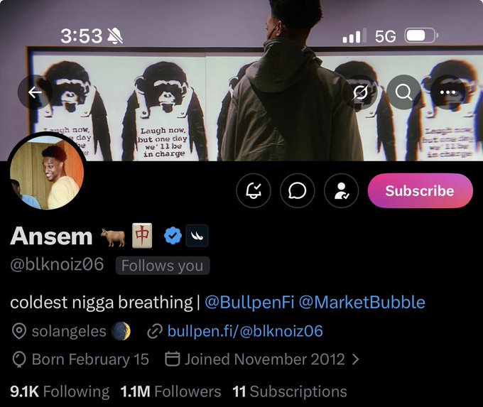 This is a screenshot of the Twitter profile of "Ansem" (@blknoiz06), who has 1.1 million followers and is associated with $ANSEM. The image directly relates to the post by showcasing the user's large following, which the post refers to as a "flex."