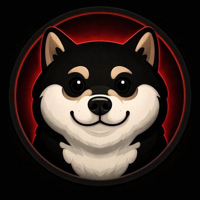 Stylized illustration of a smiling black and white Shiba Inu dog framed within a glowing red circular emblem on a black background.