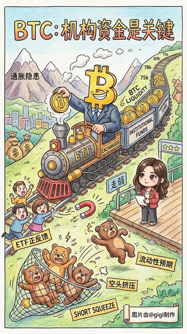 A colorful cartoon-style illustration about Bitcoin ETFs with Chinese text, showing a Bitcoin character driving a train labeled 'ETF' carrying 'BTC Liquidity' and 'Institutional Funds,' with smaller characters and bears representing 'ETF正反馈,' '空头挤压' (short squeeze), and '走弱' (weakening) near a chart.