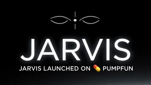 A black graphic with minimalist eye logos and the text "JARVIS" prominently displayed, along with "JARVIS LAUNCHED ON PUMPFUN" below.