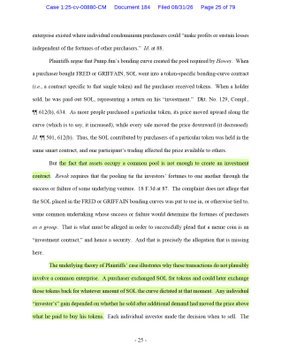 This image shows page 25 of 79 from a legal document (Case 1:25-cv-00880-CM, Document 184, Filed 08/31/26) discussing a patent infringement case between Pomerantz LLP and Griff/Ats, SCE. The text details allegations that a defendant named "FREED" made deceptive "seed phonies" or saturn icons, with the passage explaining how such coordinated actions create market distortions in solar token transactions.

The image's relevance to the pumpfun post appears thematic—it discusses schemes involving "pump" tactics (coordinated marketing to inflate prices) and "seed phonies" that manipulate consumer perception, which parallels how pump-and-dump schemes operate in crypto markets.