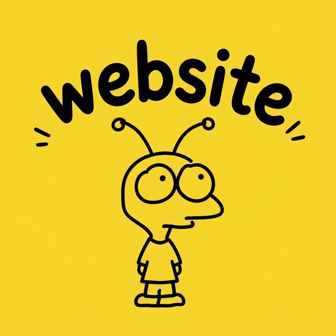 A yellow graphic features a cartoon alien-like creature with antennae below the word 'website' in bold black letters.