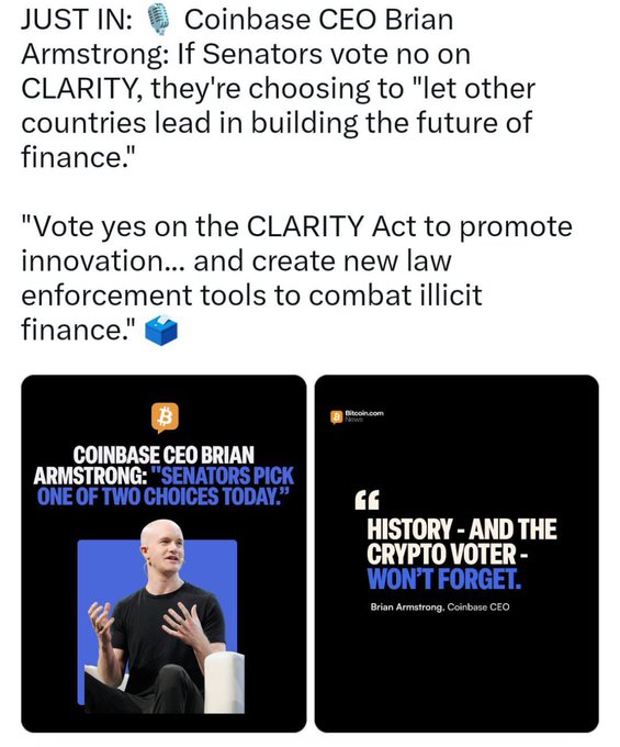 The image shows a social media post featuring Coinbase CEO Brian Armstrong's urgent message to U.S. Senators, urging them to vote yes on the CLARITY Act or risk letting other countries lead in financial innovation, with accompanying graphics warning "History - and the crypto voter - won't forget." This aligns with the post's optimistic sentiment, as Armstrong's lobbying push signals potential regulatory clarity for cryptocurrency and blockchain technology that could soon materialize.