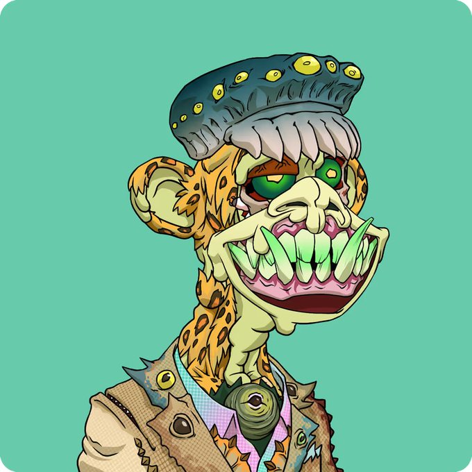A stylized cartoon illustration depicts a grotesque humanoid figure with leopards spots, a cluster of yellow eyes on its head, large green eyes, and a wide, toothy grin, wearing a tan suit.