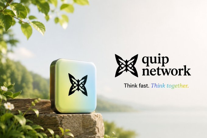 A promotional image for 'quip network' featuring a butterfly logo on a device, with the tagline 'Think fast. Think together.' set against a serene lakeside background.