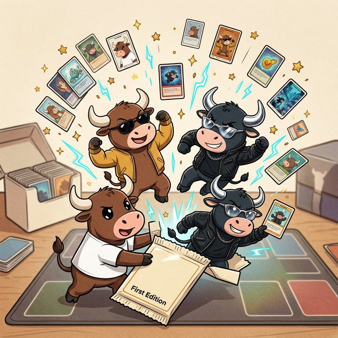 Cartoon illustration of four bull characters wearing sunglasses and jackets, excitedly opening a 'First Edition' card pack with trading cards and stars flying out, alongside card boxes and a playmat.