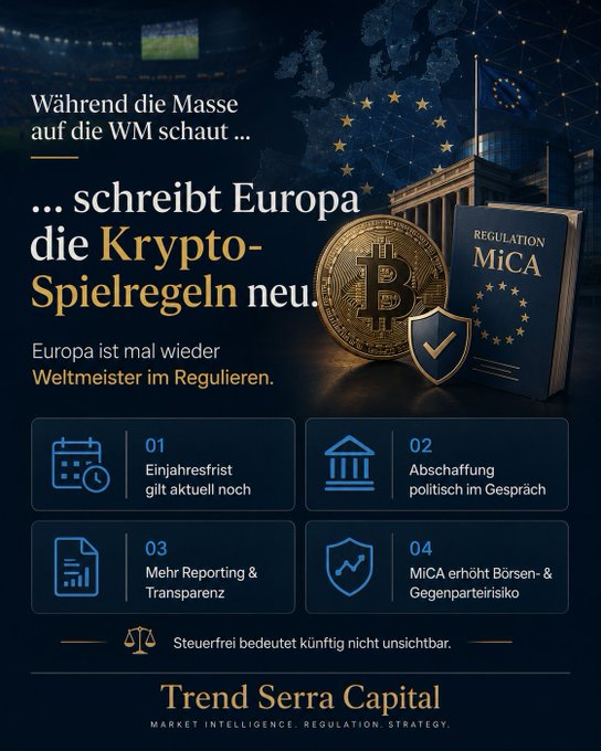 The image features a poster with a blue background, featuring a gold Bitcoin symbol and a European flag. Below the Bitcoin symbol, there are six different icons representing various aspects of cryptocurrency regulation, such as reporting, transparency, and protection. The text on the poster reads "Wahrend die Masse ... schrütte Europa die KRYPTO-SPELEGEN neu ... Weltmieter im Regularen ... MiCA While the masses are glued to the World Cup, the rules of the game for crypto are being rewritten in the background. And Europe is once again showing what it' s particularly good at: World champions in regulation". The poster also includes a post that reads "Focus on what is in the image and how it relates to the post."