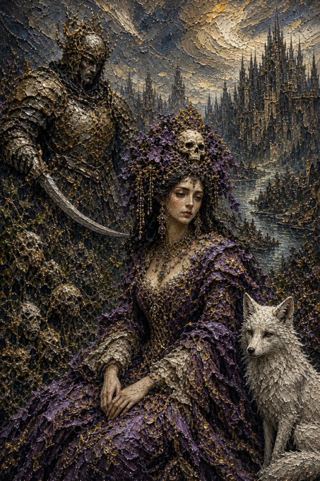 A dark fantasy artwork featuring a crowned warrior with a sword, a woman adorned with a skull headdress in purple attire, and a white wolf against a gothic castle backdrop.