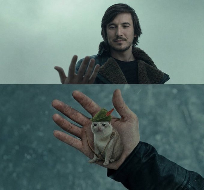 Two stacked images from a film scene: top shows a man with dark hair extending his hand, bottom shows a small creature with a tiny hat sitting in a palm.