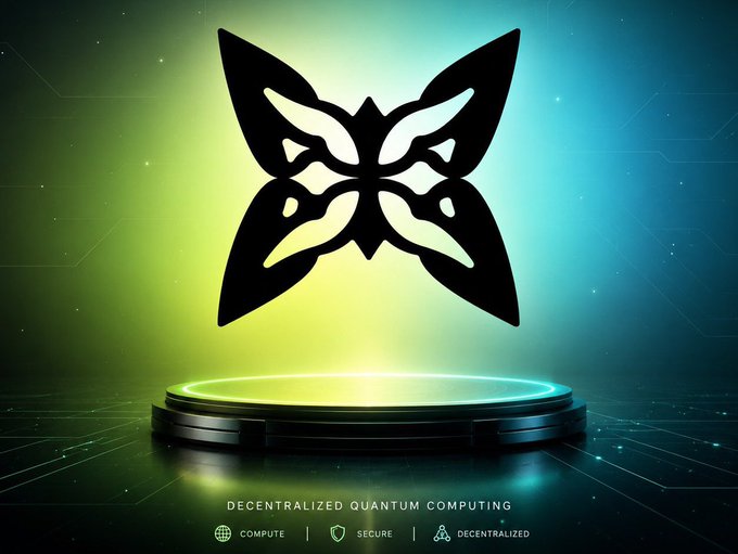 A futuristic graphic featuring a black butterfly/insect logo above a glowing green circular platform, with text 'DECENTRALIZED QUANTUM COMPUTING' and icons for COMPUTE, SECURE, and DECENTRALIZED.
