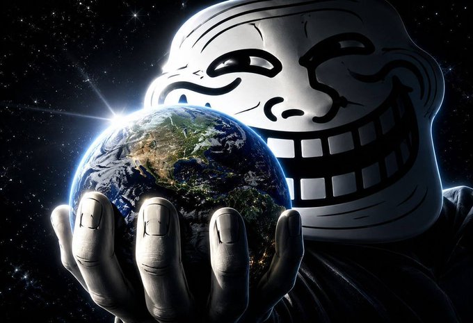 The image features an oversized, cartoon-like face holding a globe in its hands. The scene takes place against a backdrop of stars, giving the impression that they are floating in space or looking down upon Earth from above. The caption reads "I’ve been slowly positioning myself in $TROLL at these levels. even when I wasn't in, I was still so happy for all my friends and the community it's a no brainer for this cycle. does not concern itself w what the rest of".