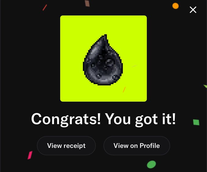A confirmation screen displays "Congrats! You got it!" above a pixelated black teardrop icon on a lime green background, with "View receipt" and "View on Profile" buttons below—celebrating the user's successful mint of an NFT from the @TheSaudisNFT collection.