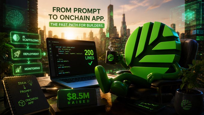 A promotional graphic reading 'FROM PROMPT TO ONCHAIN APP. THE FAST PATH FOR BUILDERS.' featuring a green futuristic character at a laptop showing 200 LINES of code, with $8.5M RAISED and process steps for AI scaffolding, deployment, and monitoring.