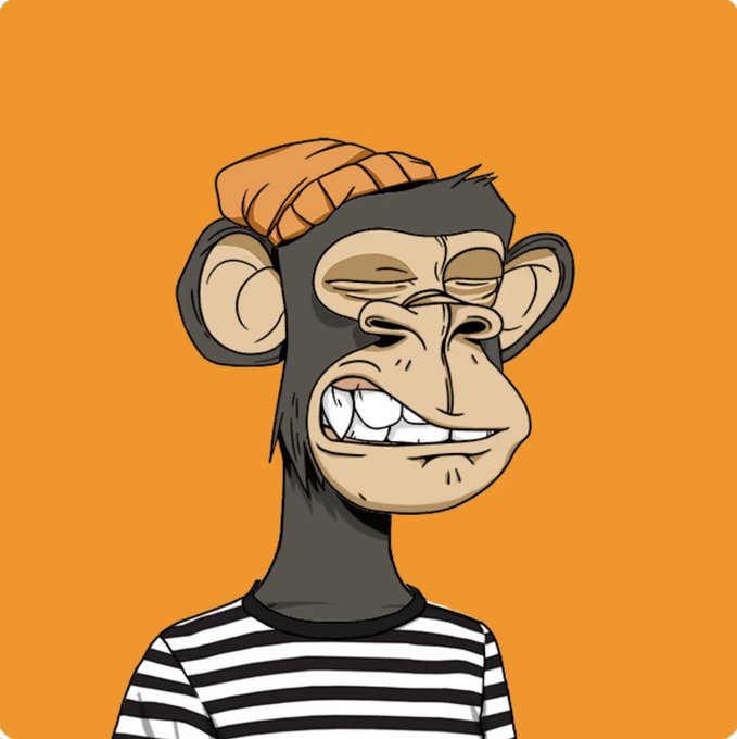 A cartoon monkey with a sly grin wearing an orange beanie and a black-and-white striped shirt against an orange background, resembling the Bored Ape Yacht Club NFT style.