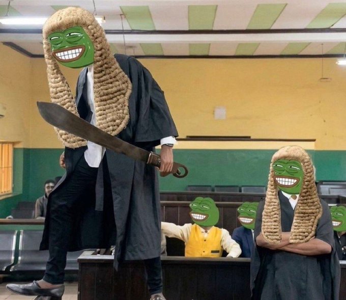 A courtroom scene featuring individuals wearing traditional British judge's wigs, with their faces edited to show the Pepe the Frog meme, while one holds a large machete.