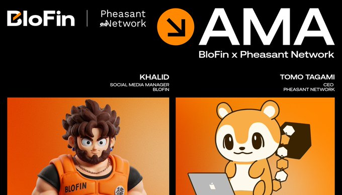 A conference slide for AMA shows “BloFin | Pheasant Network” and “BloFin x Pheasant Network,” featuring “KHALID, SOCIAL MEDIA MANAGER, BLOFIN” and “TOMO TAGAMI, CEO, PHEASANT NETWORK,” with an orange-themed character panel and a cartoon red panda mascot.