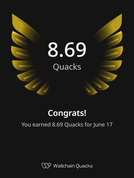 The image features a black background with a gold-colored bird's wing design, which appears to be a logo or emblem for wallchainQuacks. The text "Congratulations! You earned 8.69 Quacks for June 17" is displayed below the winged design. This message congratulates the user on their achievement of earning 8.69 Quacks in a specific time period, likely related to the WallchainQuacks platform.