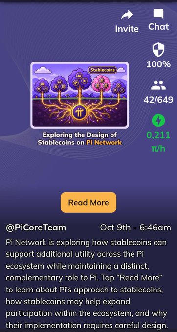 A Pi Network app screenshot about "Exploring the Design of Stablecoins on Pi Network" by @PiCoreTeam, dated Oct 9th - 6:46am, showing a mining rate of 0.211 π/h.