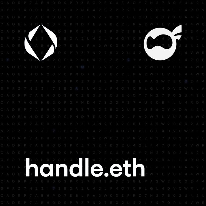 The image shows a promotional graphic for "handle.eth" featuring two icons—a stylized leaf/petal shape and a logo resembling an apple—against a background of random alphanumeric characters, reflecting the Ethereum Name Service (ENS) branding mentioned in the post about experimenting with ENS names and white-label subnames.