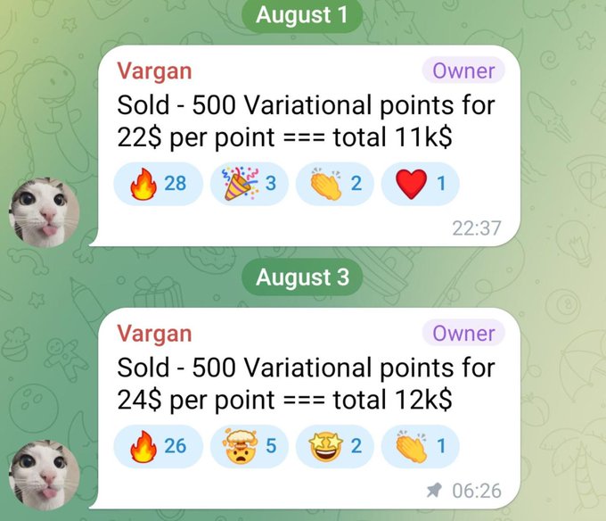 A Telegram chat shows two sales of 500 Variational points by user Vargan (the owner) — first on August 1 at $22 per point totaling $11k, and again on August 3 at $24 per point totaling $12k — illustrating the rising demand for Variational.io points ahead of an anticipated Q4 2026 TGE airdrop.