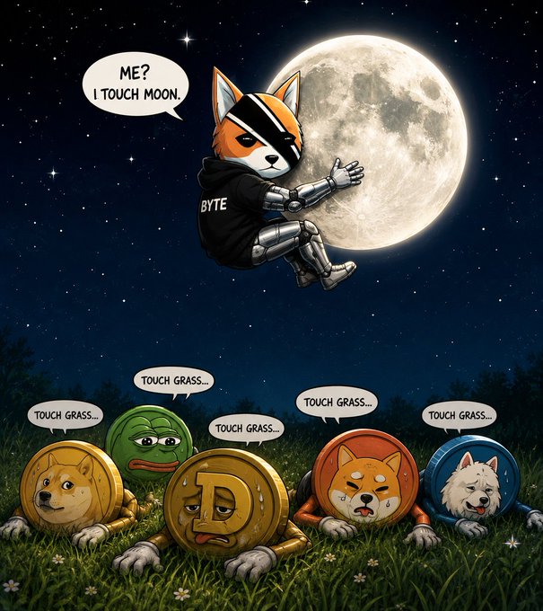 A meme illustration featuring an anthropomorphic fox in a spacesuit labeled 'BYTE' touching the moon, saying 'ME? I TOUCH MOON', while crypto coin characters below say 'TOUCH GRASS...'.