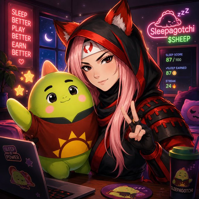 Anime-style illustration of a pink-haired character in red ninja/samurai armor posing with a peace sign next to a green cat-like mascot character. Neon signs read 'SLEEP BETTER PLAY BETTER EARN BETTER' and 'Sleepagotchi $SHEEP', with a dashboard showing 'SLEEP SCORE 87/100', 'SLEEP EARNED 87', and 'STREAK 24'.