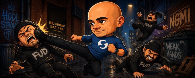 A cartoon illustration showing a confident bald man in blue kicking away characters labeled 'FUD' and 'NGMI' in an alley, with text 'BUILT DIFFERENT BUILT TO WIN'.