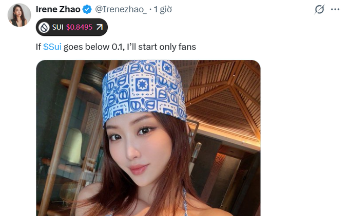 In the image, there's an account named "Irree Zhao" with followers who have interacted with her by liking or commenting. She has posted a photo of herself wearing a blue headband and sunglasses with the caption about a cheeky statement. The main text in the photo says if Sui drops below $0.1, she'll start doing OnlyFans. The caption implies that the interaction or comments might be for advertising purposes.