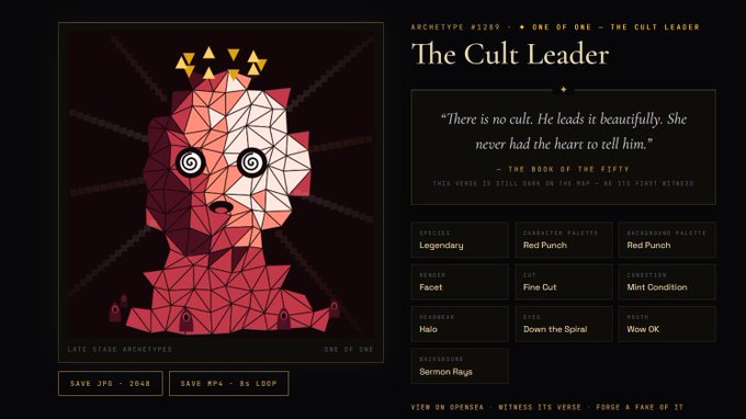 The image shows an NFT collection page titled "The Cult Leader" (Archetype #1289, "One of One," "The Cult Leader"), featuring a geometric/polygonal lion illustration in red and white with hypnotic spiral eyes, alongside details like Species: Legendary, Background: Red Punch, Cut: Fine Out, and Condition: Mint Condition. This relates to the post by showcasing how the project provides each minted NFT with its own dedicated profile page, similar to the customizable trait-based approach seen in @goodvibesclub.