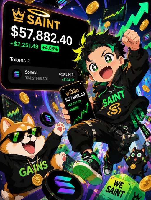 A vibrant anime-style illustration celebrating crypto gains, featuring a green-haired character in a black "SAINT" hoodie holding a phone showing $57,882.40, with Solana tokens, a Shiba Inu dog in a "GAINS" hoodie, and an "SAINT" coin displayed with a +4.05% gain.