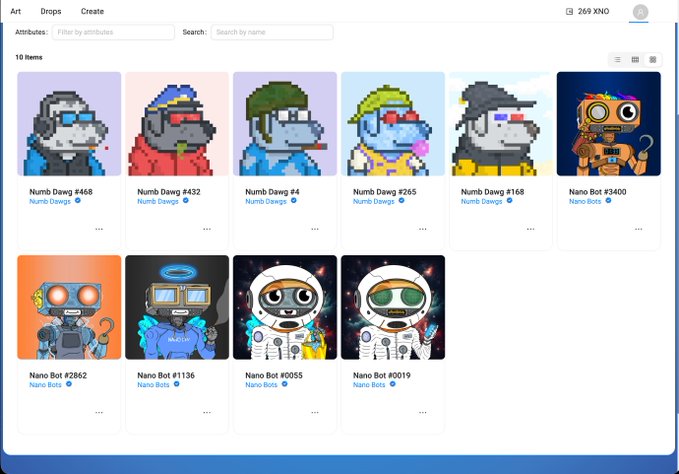 An NFT marketplace page displaying a collection of pixel-art characters, including 'Numb Dawg' and 'Nano Bots' series, with a balance of '269 XNO' in the top right corner.