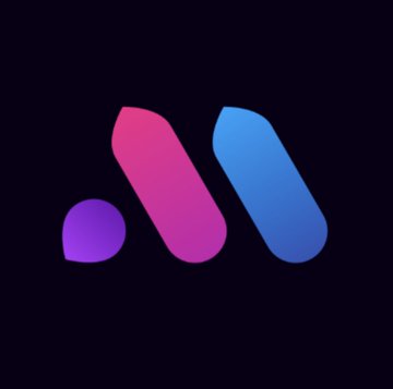 A minimalist logo featuring two angled rectangular shapes in pink and blue with a purple dot on a black background.