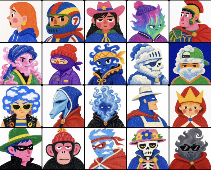 A grid illustration of 20 diverse cartoon characters, each in a square frame, with varied costumes including a knight, cowboy, skeleton, king, and others rendered in a colorful, textured art style.