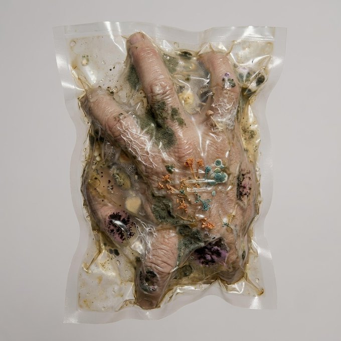 A disturbing sculptural artwork depicting a realistic human hand sealed inside a vacuum-sealed plastic bag with visible mold and decay.