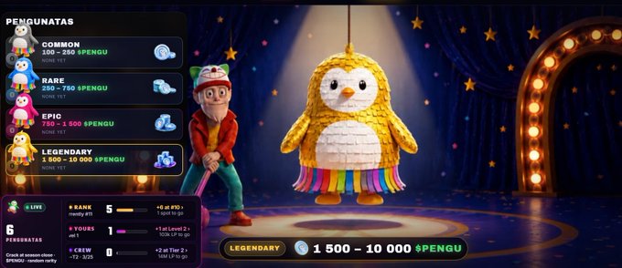 Screenshot of a Penguin-themed crypto game showing tier rankings (Common, Rare, Epic, Legendary) with $PENGU token rewards, featuring a piñata penguin and a character in a white hat.