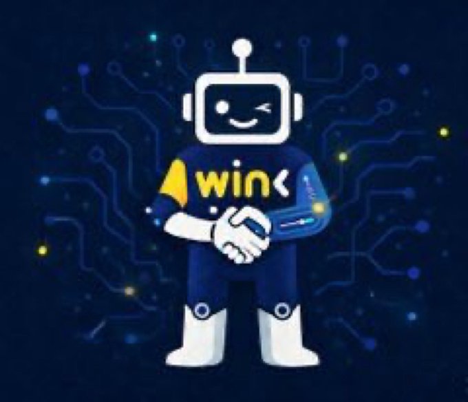 A cartoon robot mascot with a smiling face wearing a blue and yellow shirt labeled "WINk," set against a dark blue circuit board background.