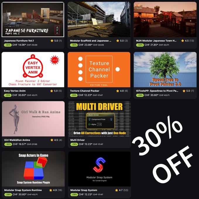 A promotional graphic for a digital marketplace featuring 30% OFF discounts on various 3D assets and editor tools, including Japanese Furniture Vol.1, Modular Scaffold and Japanese set, and a Texture Channel Packer, among others, displayed in CHF prices.