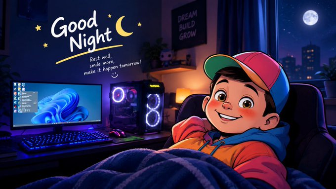 A cartoon-style 'Good Night' illustration featuring a smiling boy in a colorful cap and hoodie at a gaming setup with a glowing PC and monitor displaying Windows 11, accompanied by the text 'Rest well, smile more, make it happen tomorrow!' and 'DREAM BUILD GROW.'