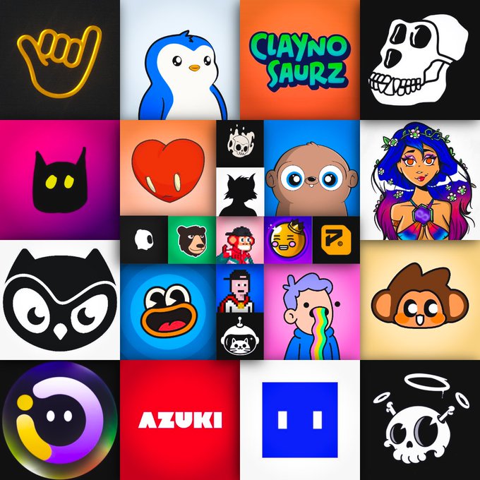 A collage of various NFT collection logos and avatars (including Claynosaurz, Azuki, and others) accompanies a post predicting that art-focused NFT brands will outlast utility-driven collections over the next decade.