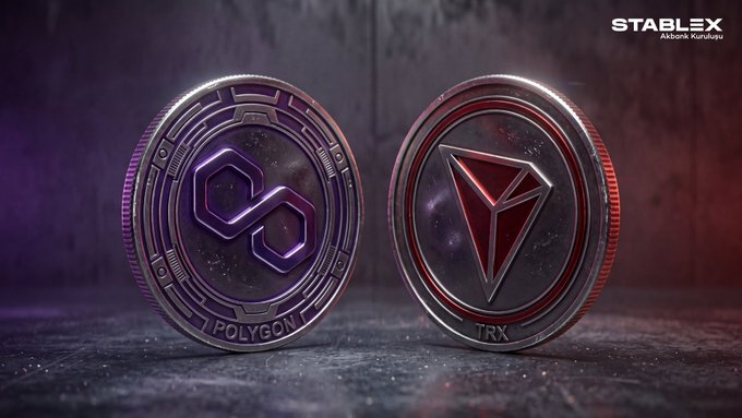 A 3D render by 'STABLEX' showing two cryptocurrency coins side by side: Polygon on the left and TRX (Tron) on the right.