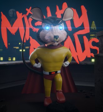 An animated mouse character dressed in a yellow superhero suit with a red cape, standing before graffiti that reads "MIGHTY" with glowing blue eyes.