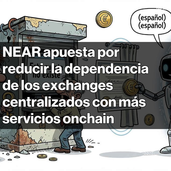 An illustrated graphic shows a person with a speech bubble saying '(español) (español)' alongside text reading 'NEAR apuesta por reducir la dependencia de los exchanges centralizados con más servicios onchain'.