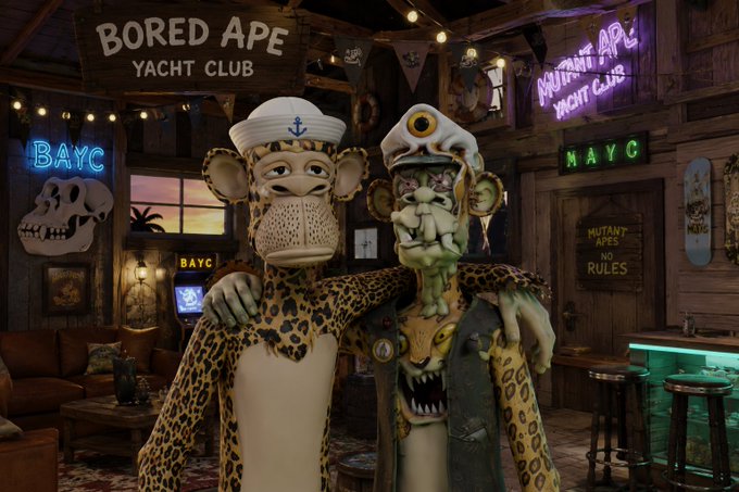 The image features two animated leopards standing next to each other with their arms around one another's shoulders. They are wearing costumes that resemble sailors or pirates, adding a unique touch to their appearance. The background of the image includes various neon signs, giving the scene an artistic and vibrant feel. The post about the Bored Apes yacht club is prominently displayed in the image, indicating the theme of this particular scene.