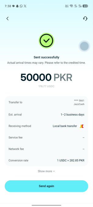 A mobile screenshot shows a successful Bitget Wallet bank transfer confirmation, with 50,000 PKR (equivalent to 176.77 USDC) sent to a JazzCash account ending in 5661 via local bank transfer, at a conversion rate of 1 USDC = 282.85 PKR with an estimated arrival of 1-2 business days—directly illustrating the smooth USDC-to-PKR transfer experience described in the post.