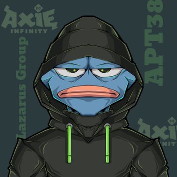 The image is an Axie Infinity character from the "Lazarus Group" APT38 collection, featuring a blue fish-like creature wearing a black hoodie with green drawstrings, set against a background with "Axie Infinity" and "APT38" branding.