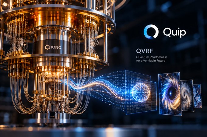 A futuristic promotional graphic for 'Quip' featuring 'QVRF - Quantum Randomness for a Verifiable Future', showing an advanced quantum computing device with golden components and glowing blue data streams.